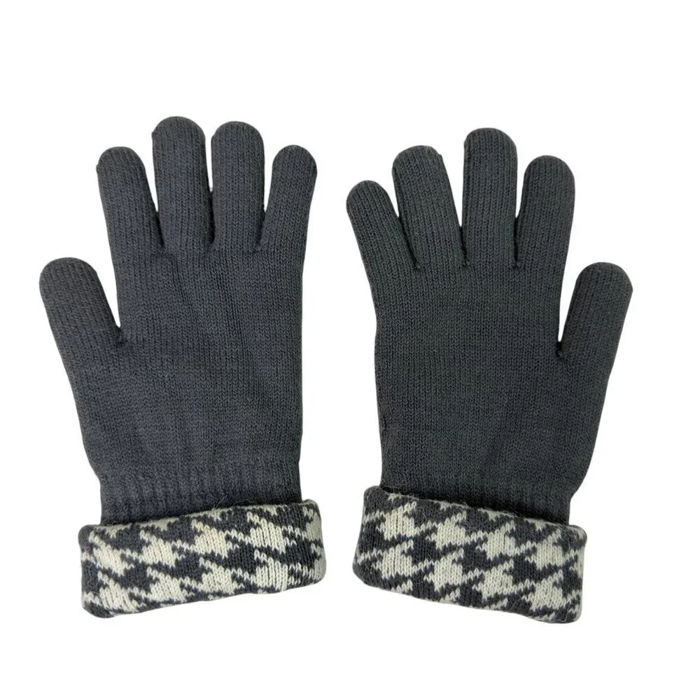 Women’s Gray Knit Winter Gloves with Houndstooth Cuffs – Fleece Lined